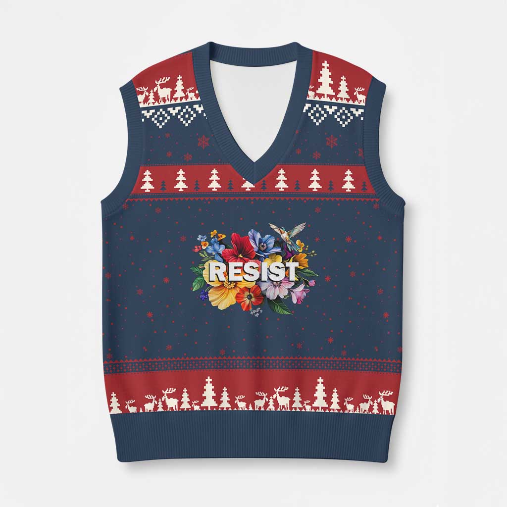 Resist Floral V-Neck Knit Sweater Vest Retro Botanical Graphic TS02 Navy Red Print Your Wear
