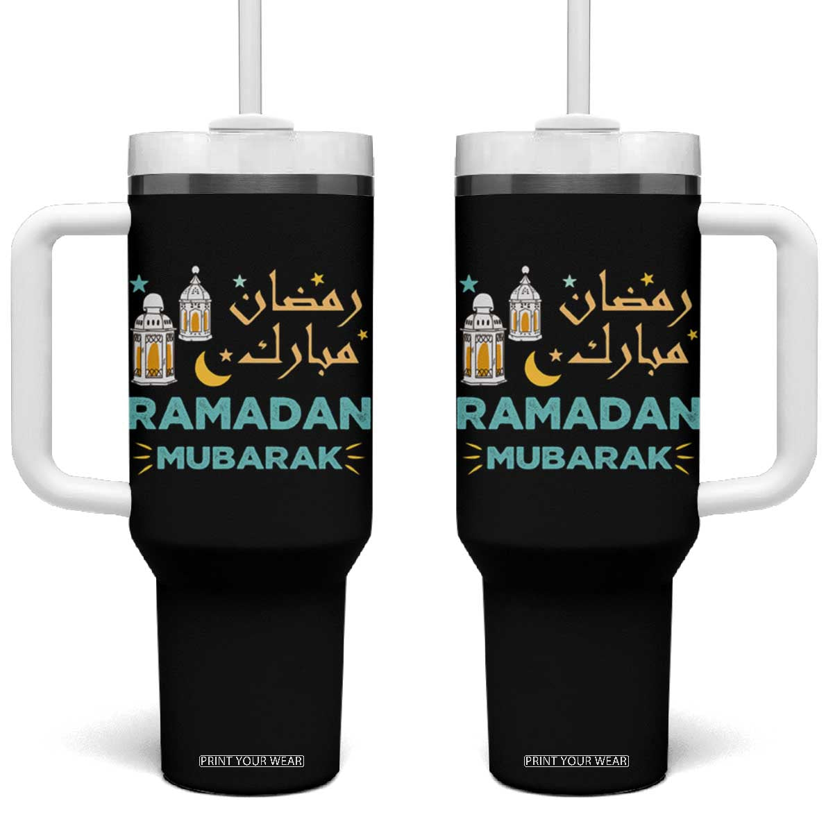 Ramadan Mubarak Muslim Tumbler With Handle TS02 One Size: 40 oz Black Print Your Wear