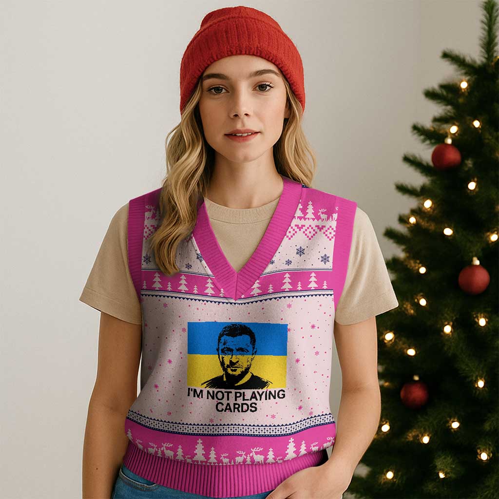 Im Not Playing Cards V-Neck Knit Sweater Vest Zelensky Trump Ukraine Flag TS02 Hot Pink Print Your Wear
