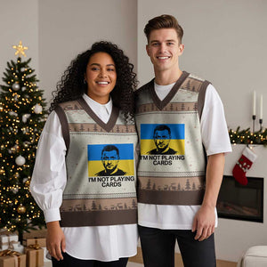 Im Not Playing Cards V-Neck Knit Sweater Vest Zelensky Trump Ukraine Flag TS02 Mocha Mousse Print Your Wear