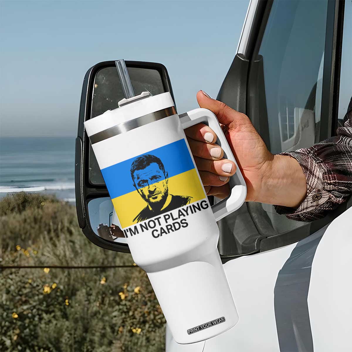 Im Not Playing Cards Tumbler With Handle Zelensky Trump Ukraine Flag TS02 Print Your Wear