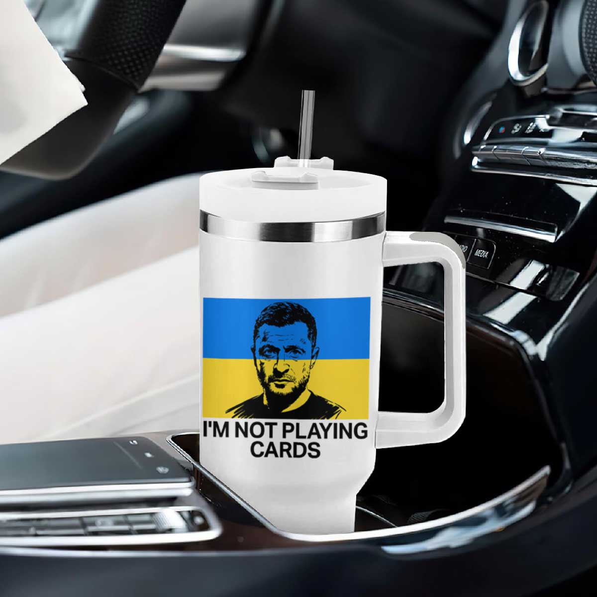 Im Not Playing Cards Tumbler With Handle Zelensky Trump Ukraine Flag TS02 Print Your Wear