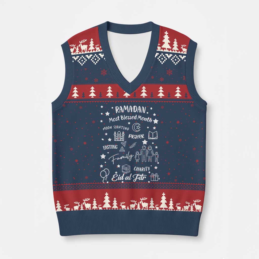 Ramadan Blessed Month V-Neck Knit Sweater Vest Muslim Islamic Ramadhan Eid al Fitr TS02 Navy Red Print Your Wear