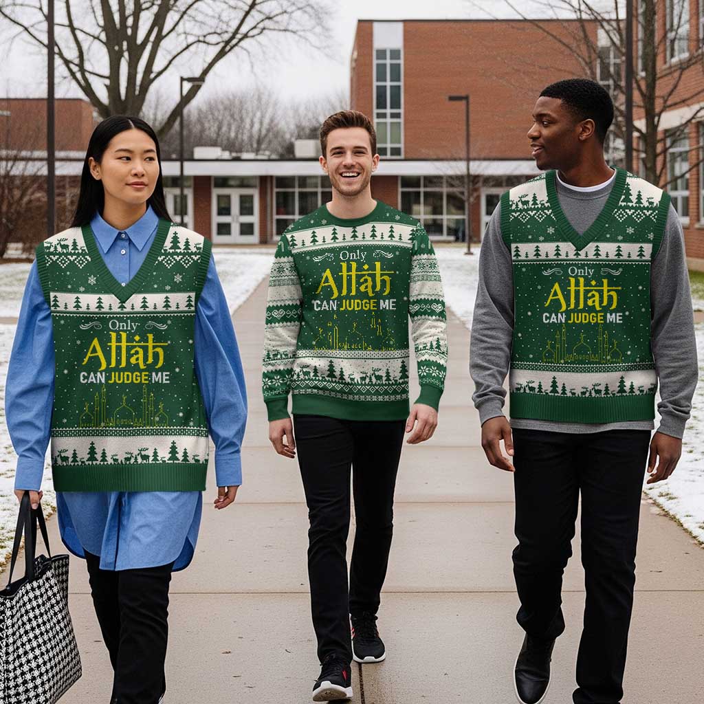 Only Allah Can Judge Me V-Neck Knit Sweater Vest Islamic Muslim Ramadan Eid TS02 Forest Green Beige Print Your Wear