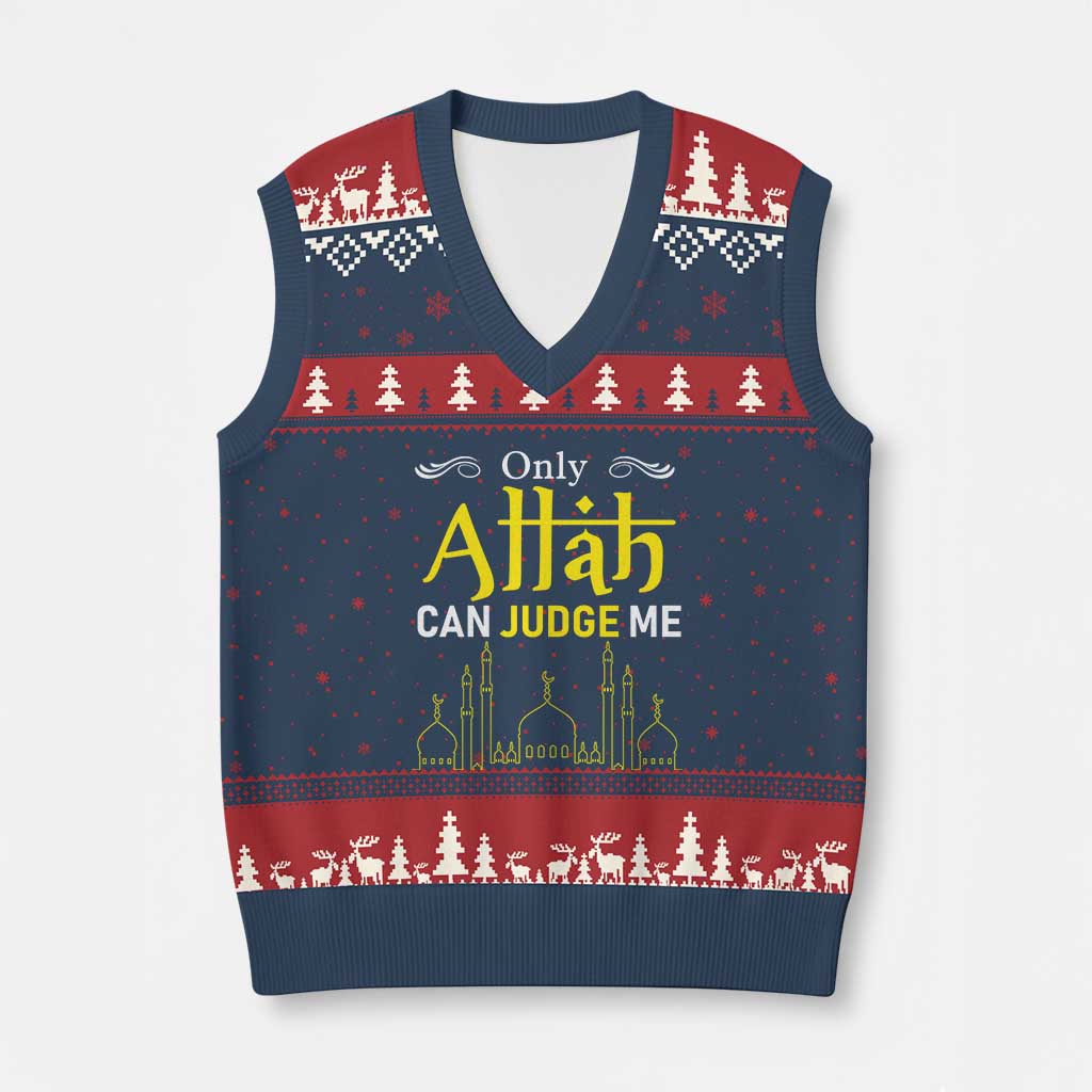 Only Allah Can Judge Me V-Neck Knit Sweater Vest Islamic Muslim Ramadan Eid TS02 Navy Red Print Your Wear