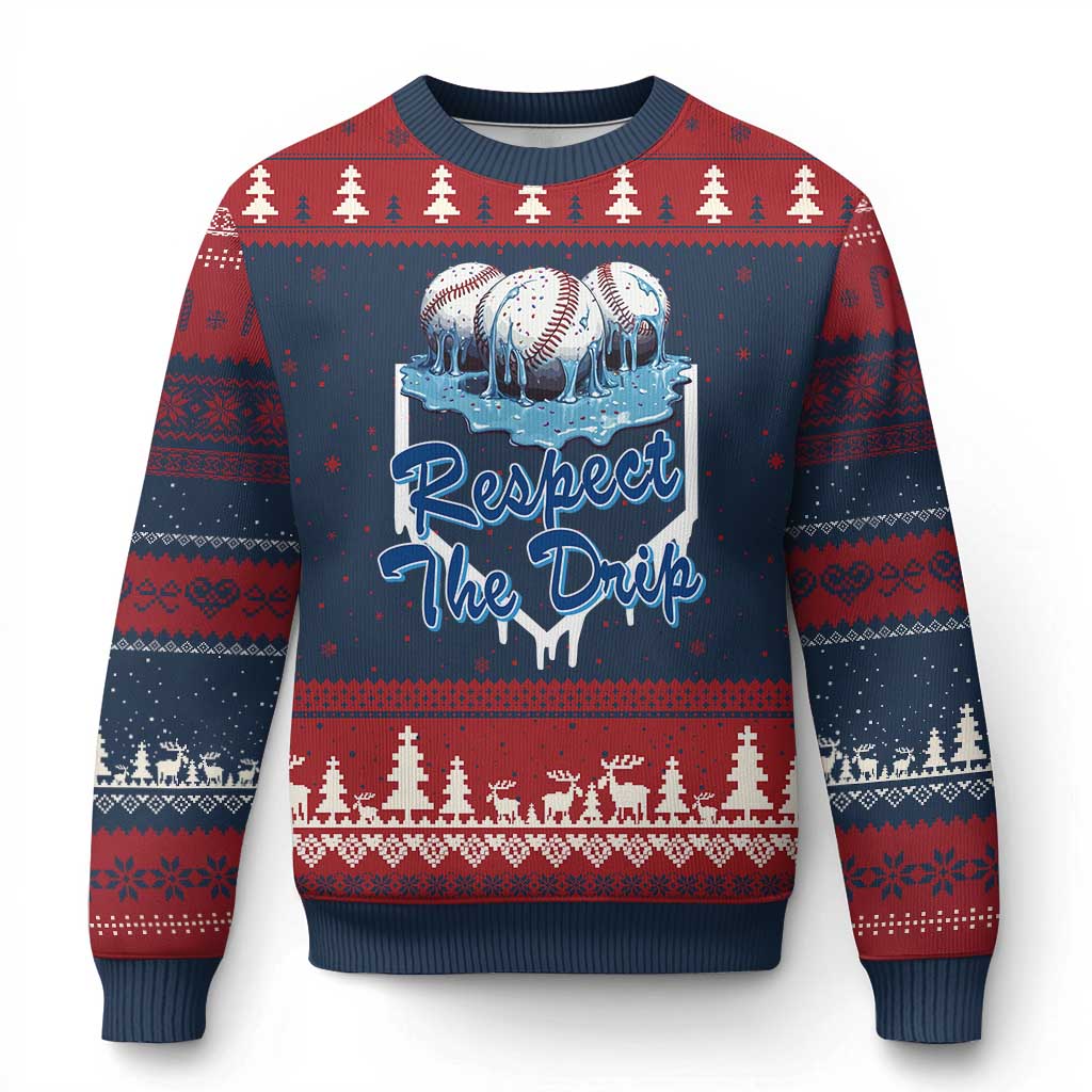 Respect The Drip Baseball Ugly Christmas Sweater Driping Ice Cream Sport Lover TS02 Navy Red Print Your Wear