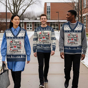 I Love Reading Here There Anywhere V-Neck Knit Sweater Vest Reading Month Across America TS02 Beige Navy Print Your Wear