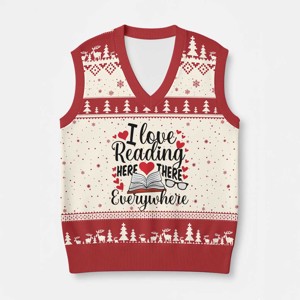 I Love Reading Here There Anywhere V-Neck Knit Sweater Vest Reading Month Across America TS02 Beige Red Print Your Wear