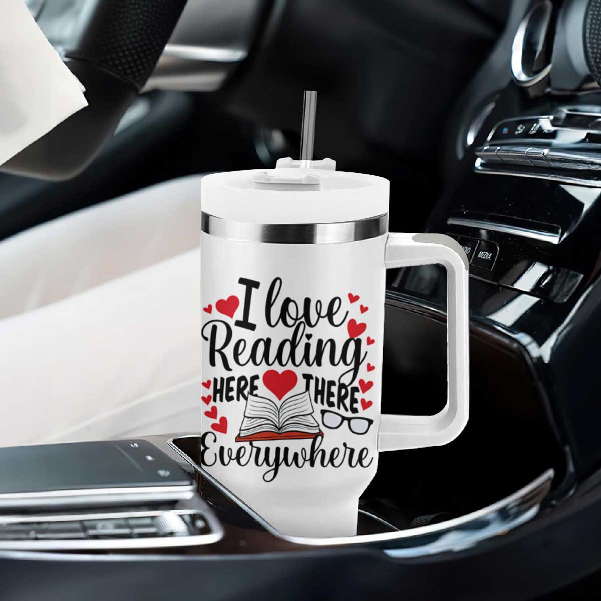 I Love Reading Here There Anywhere Tumbler With Handle Reading Month Across America TS02 Print Your Wear