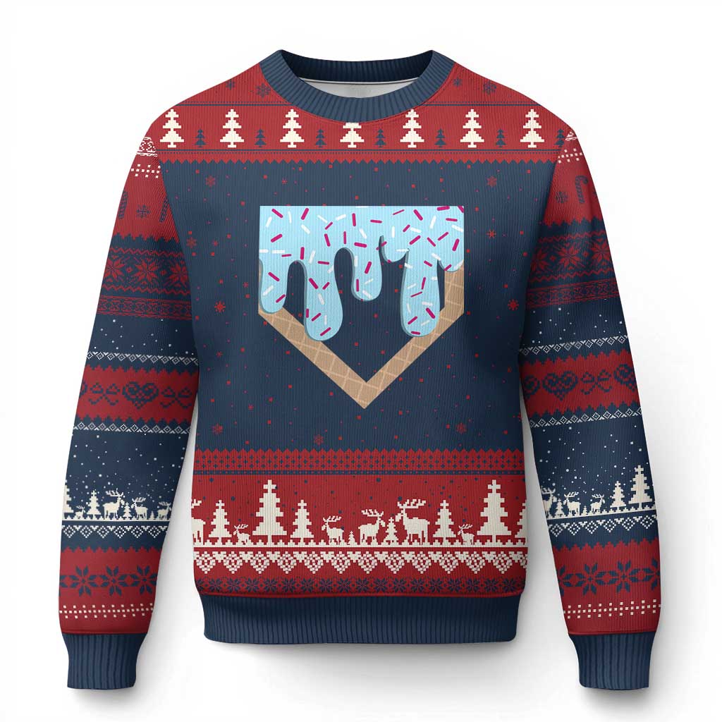 Baseball Ice Cream Dripping Ugly Christmas Sweater Home Plate Drip TS02 Navy Red Print Your Wear
