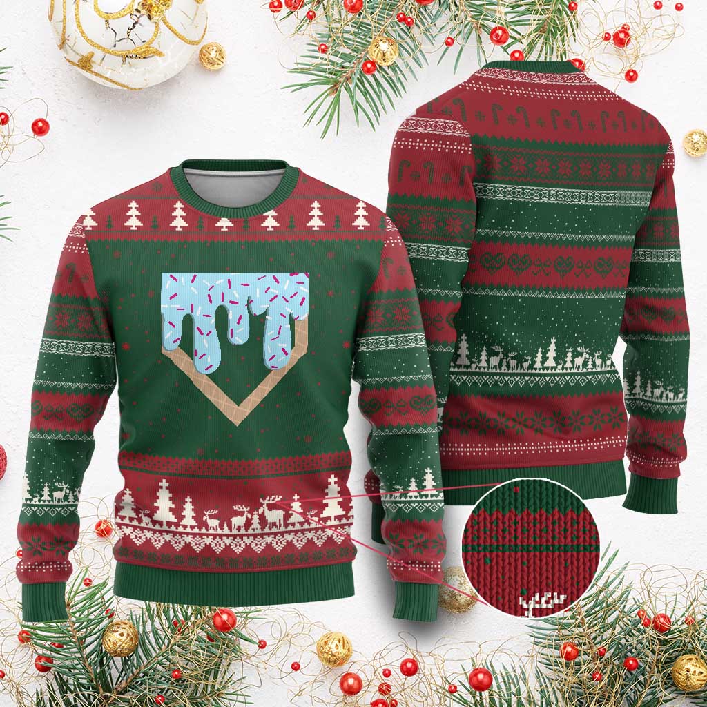 Baseball Ice Cream Dripping Ugly Christmas Sweater Home Plate Drip TS02 Red Green Print Your Wear