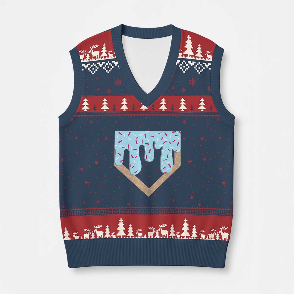 Baseball Ice Cream Dripping V-Neck Knit Sweater Vest Home Plate Drip TS02 Navy Red Print Your Wear