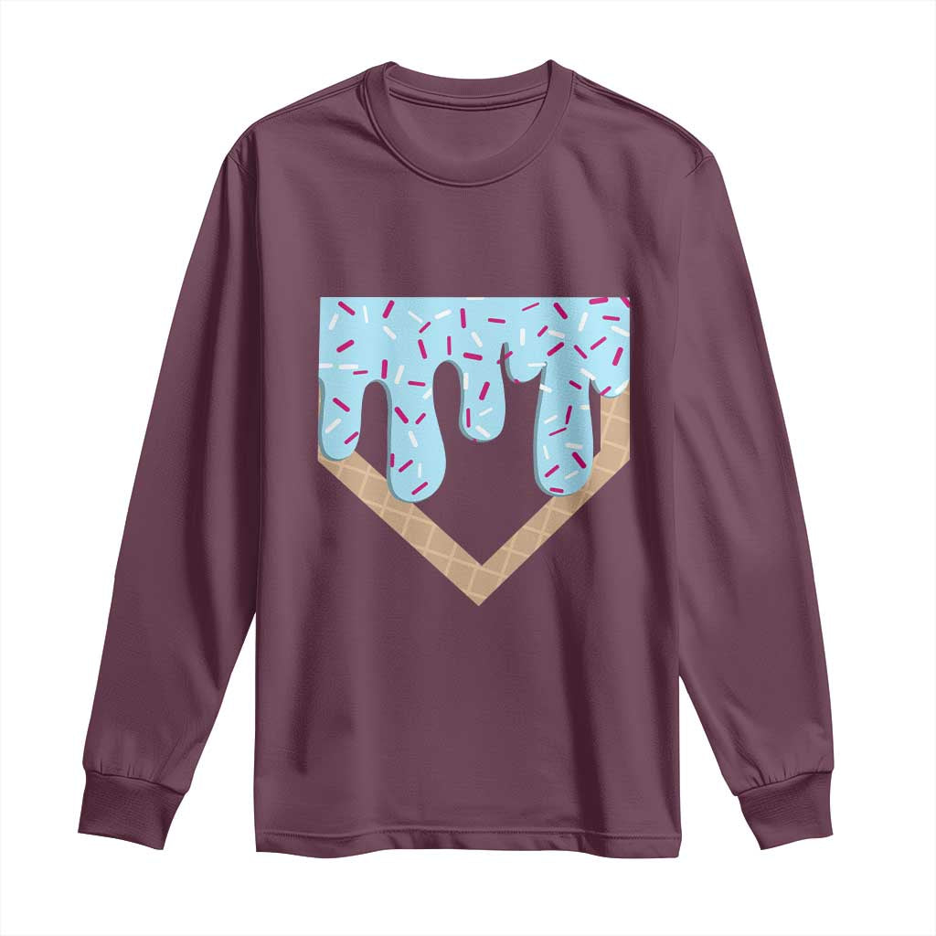 Baseball Ice Cream Dripping Long Sleeve Shirt Home Plate Drip TS02 Maroon Print Your Wear
