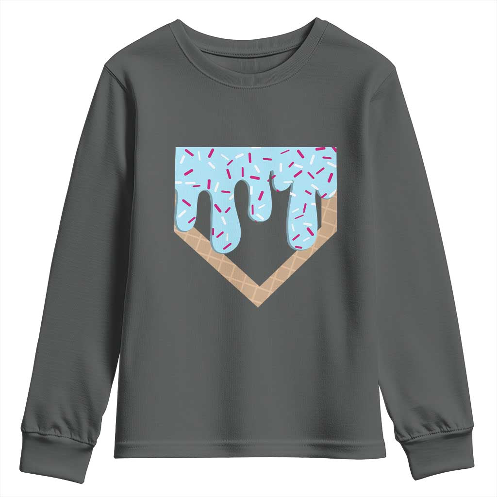 Baseball Ice Cream Dripping Youth Sweatshirt Home Plate Drip TS02 Dark Heather Print Your Wear
