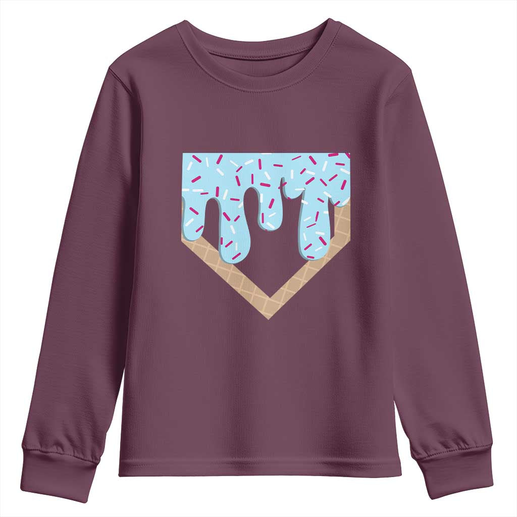 Baseball Ice Cream Dripping Youth Sweatshirt Home Plate Drip TS02 Maroon Print Your Wear