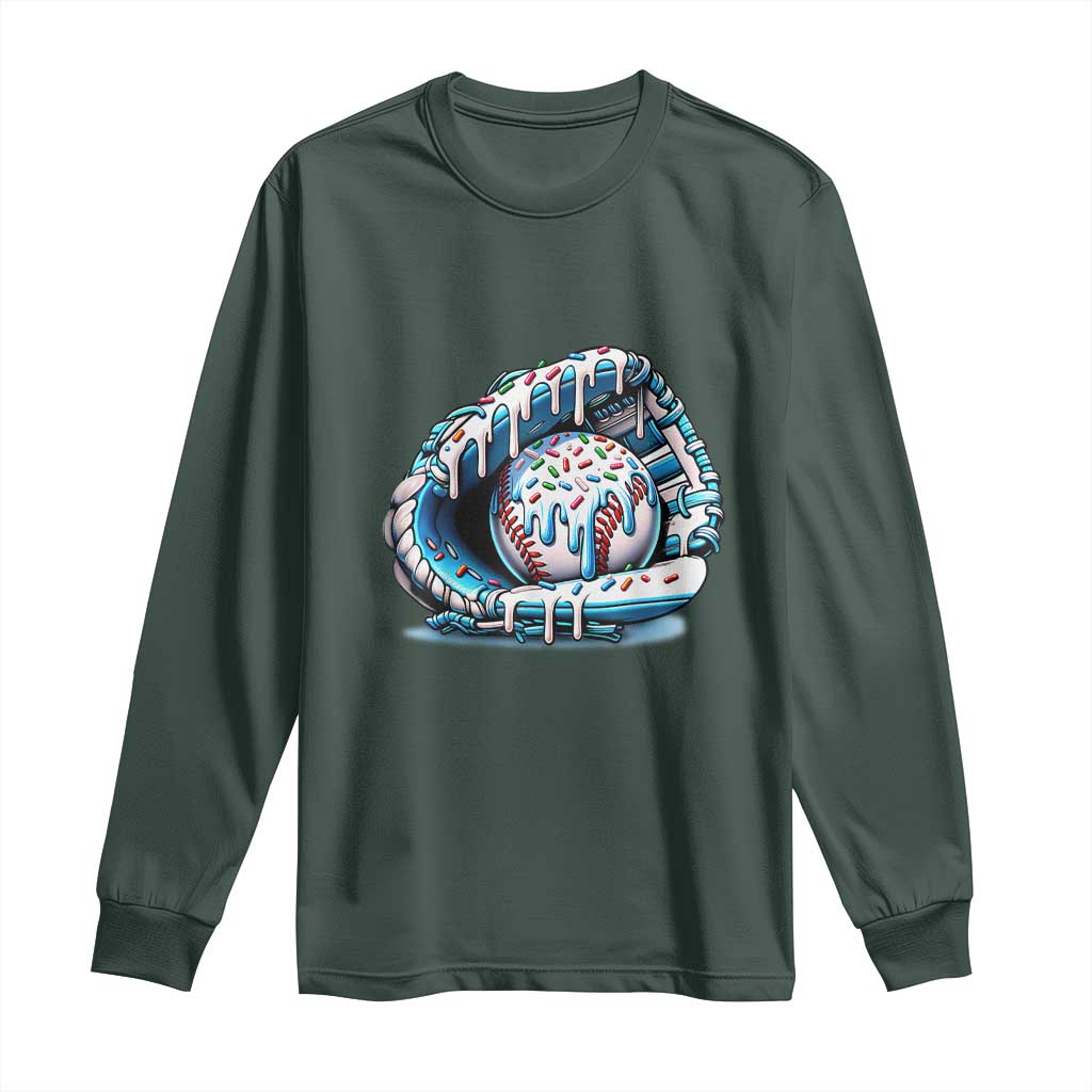 Baseball Drip Sprinkles Ice Cream Long Sleeve Shirt Ball and Glove Dripping TS02 Dark Forest Green Print Your Wear