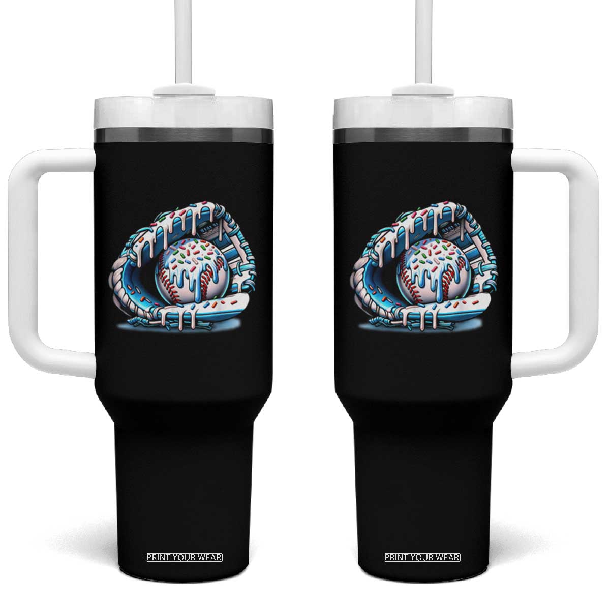 Baseball Drip Sprinkles Ice Cream Tumbler With Handle Ball and Glove Dripping TS02 One Size: 40 oz Black Print Your Wear