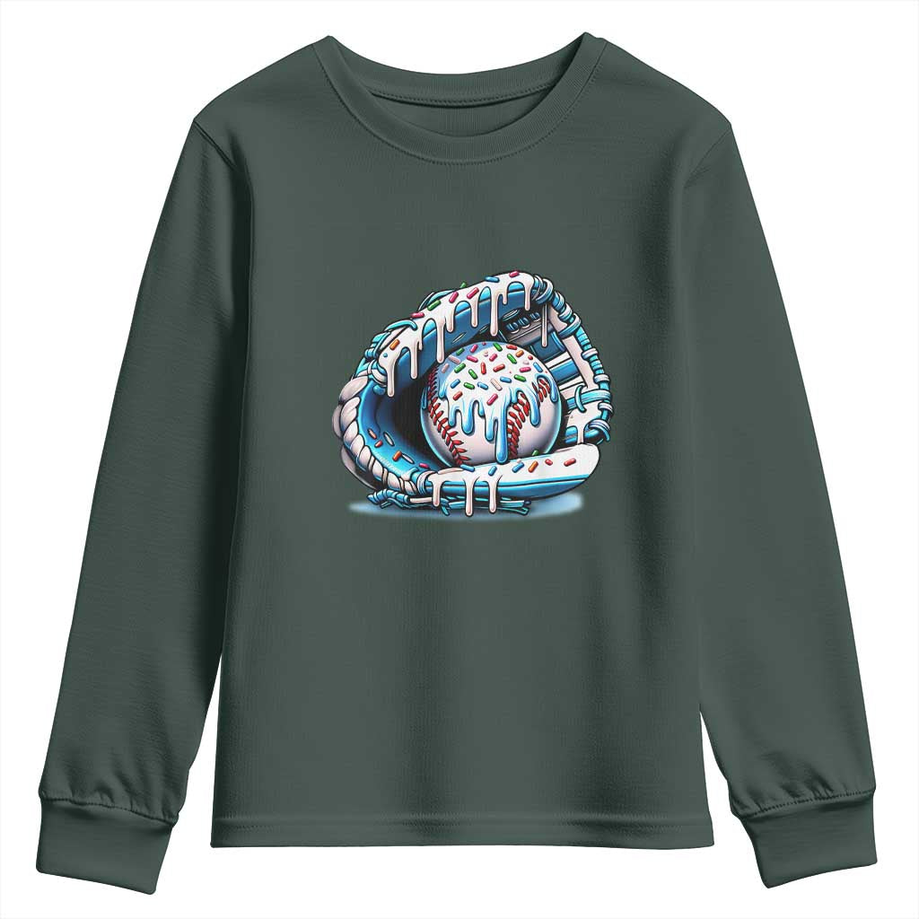 Baseball Drip Sprinkles Ice Cream Youth Sweatshirt Ball and Glove Dripping TS02 Dark Forest Green Print Your Wear