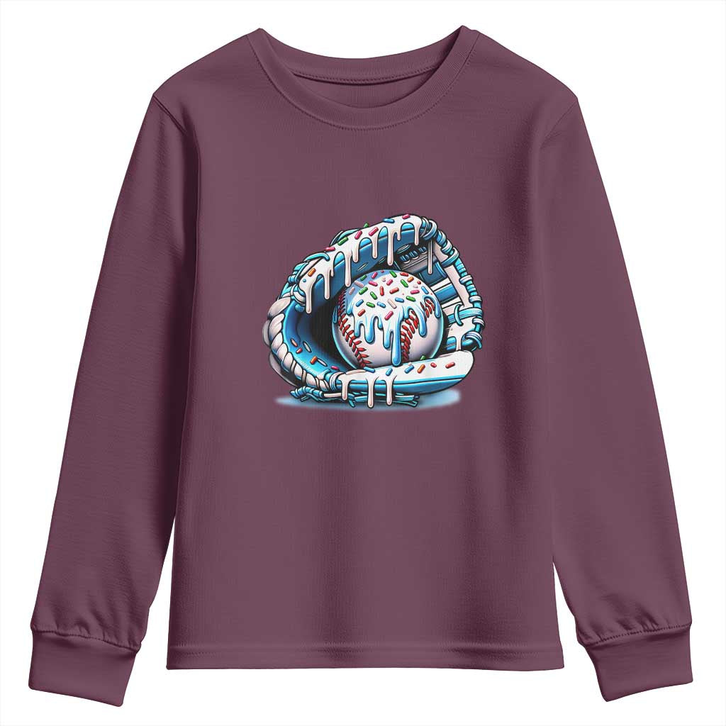 Baseball Drip Sprinkles Ice Cream Youth Sweatshirt Ball and Glove Dripping TS02 Maroon Print Your Wear