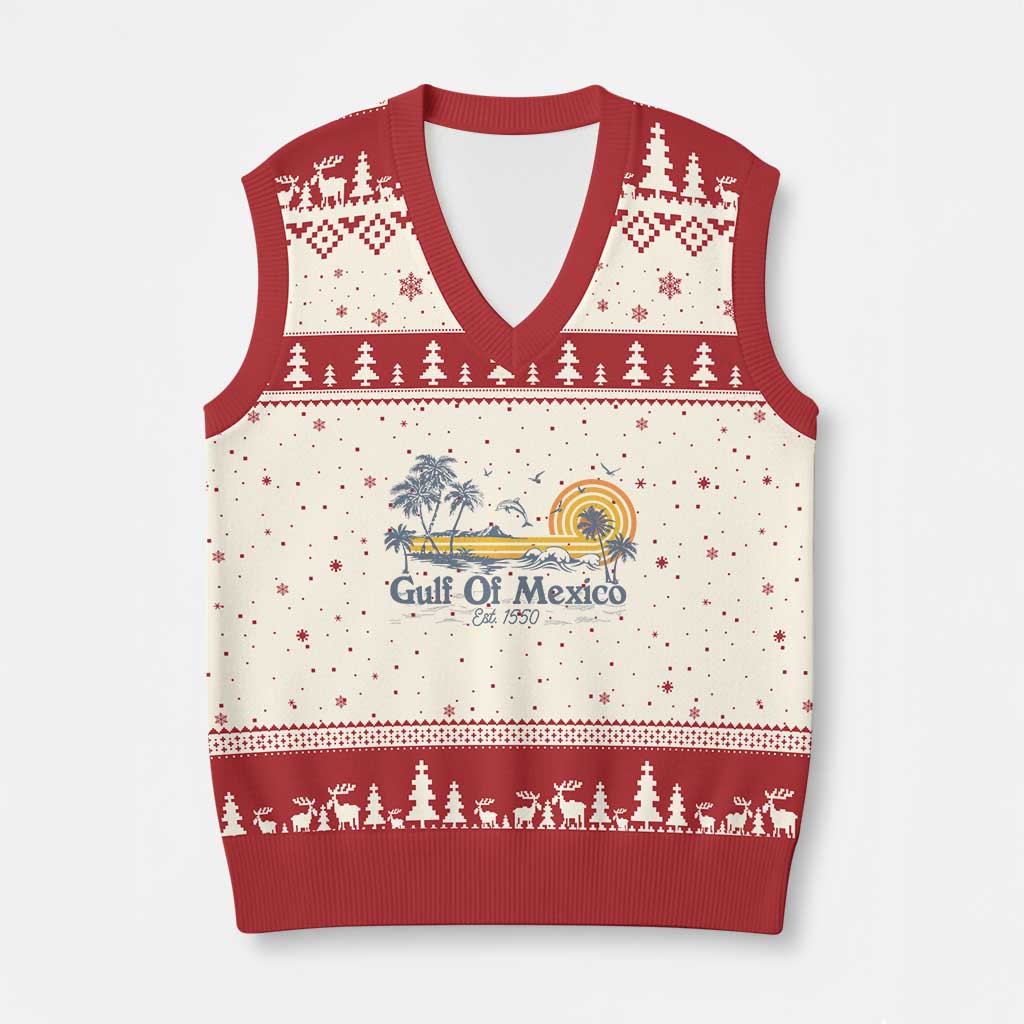 Vintage Gulf of Mexico Est 1550 V-Neck Knit Sweater Vest Golfo De Mexico TS02 Beige Red Print Your Wear