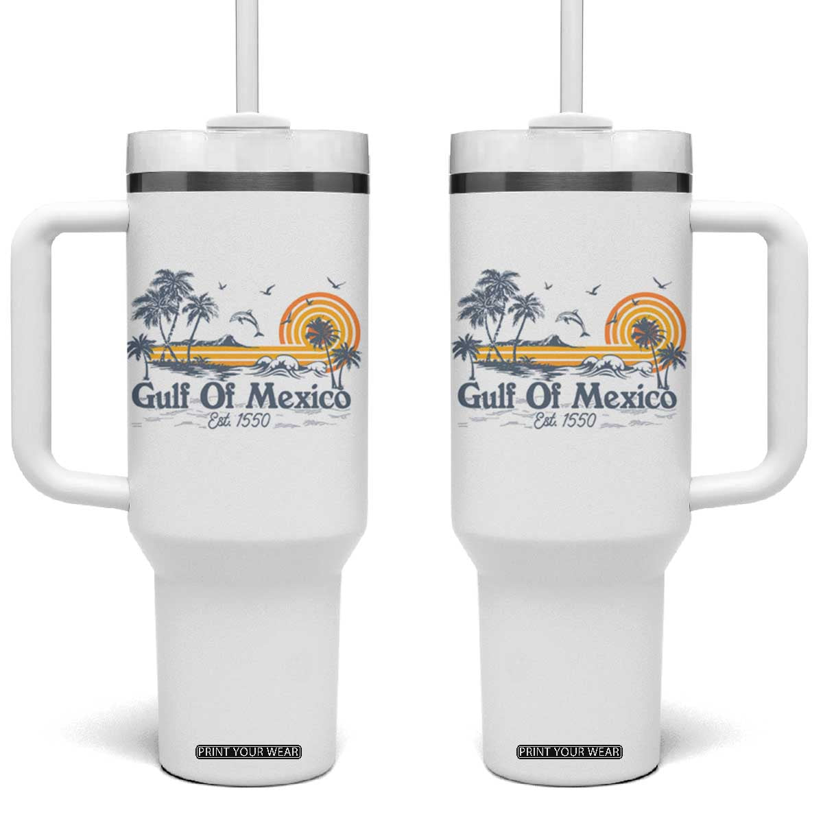Vintage Gulf of Mexico Est 1550 Tumbler With Handle Golfo De Mexico TS02 One Size: 40 oz White Print Your Wear