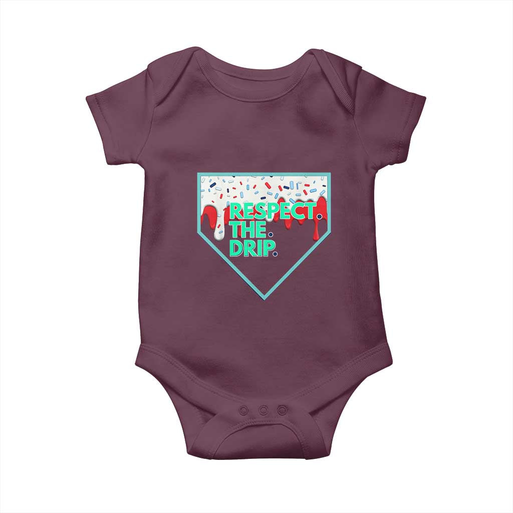 Baseball Home Plate Dripping Ice Cream Baby Onesie Respect The Drip Social Club Sprinkles TS02 Maroon Print Your Wear