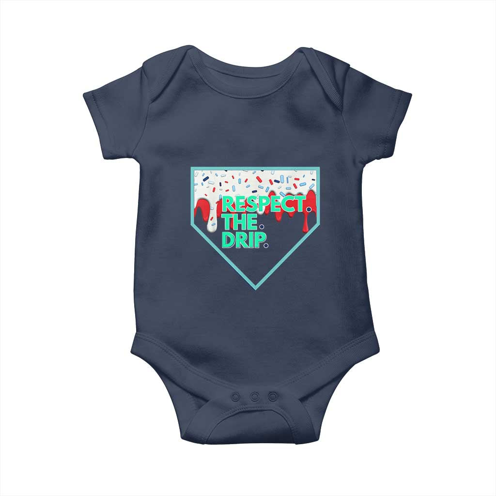 Baseball Home Plate Dripping Ice Cream Baby Onesie Respect The Drip Social Club Sprinkles TS02 Navy Print Your Wear
