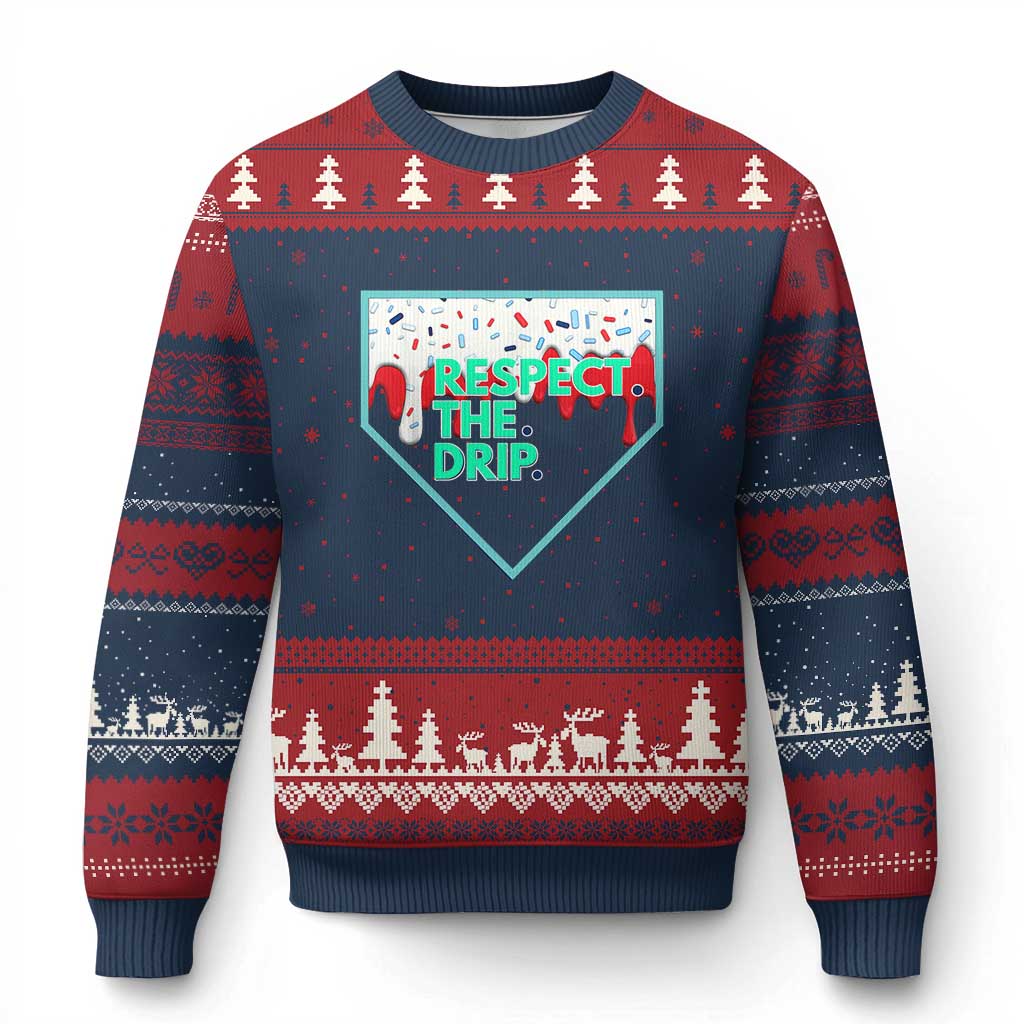Baseball Home Plate Dripping Ice Cream Ugly Christmas Sweater Respect The Drip Social Club Sprinkles TS02 Navy Red Print Your Wear