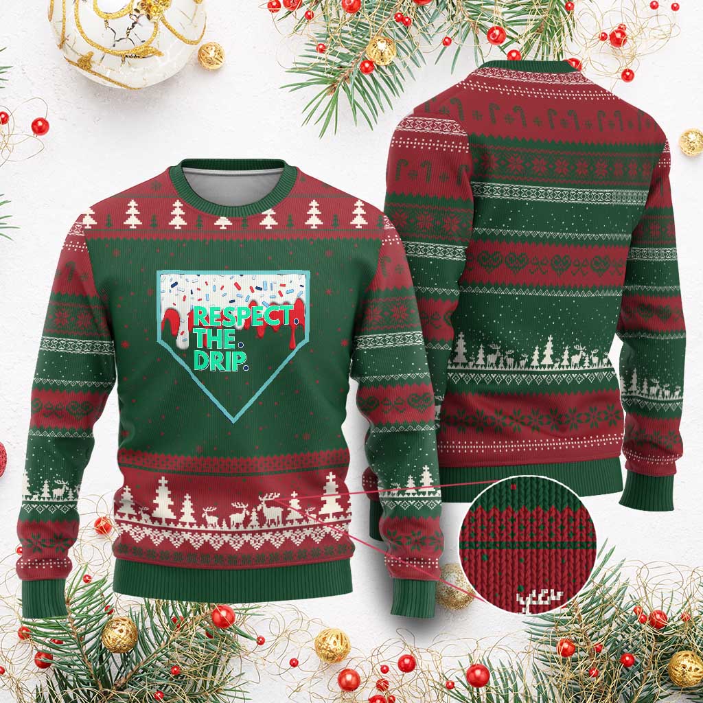 Baseball Home Plate Dripping Ice Cream Ugly Christmas Sweater Respect The Drip Social Club Sprinkles TS02 Red Green Print Your Wear