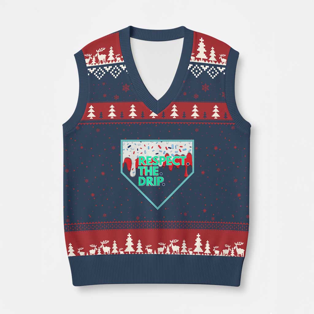 Baseball Home Plate Dripping Ice Cream V-Neck Knit Sweater Vest Respect The Drip Social Club Sprinkles TS02 Navy Red Print Your Wear