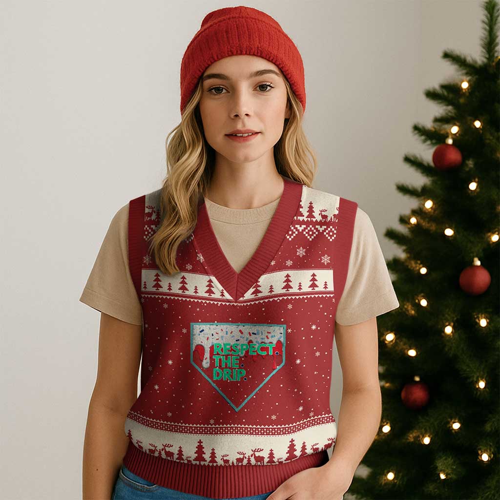 Baseball Home Plate Dripping Ice Cream V-Neck Knit Sweater Vest Respect The Drip Social Club Sprinkles TS02 Red Beige Print Your Wear