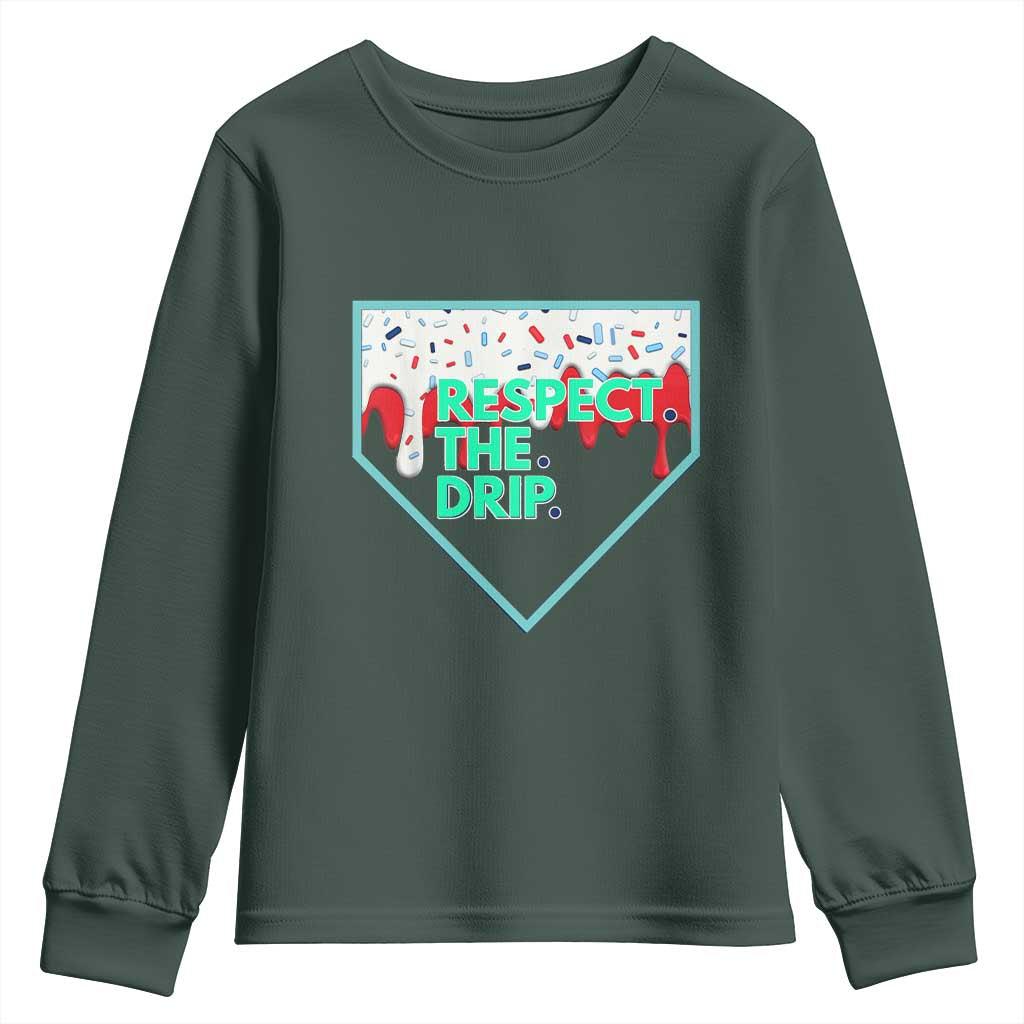 Baseball Home Plate Dripping Ice Cream Youth Sweatshirt Respect The Drip Social Club Sprinkles TS02 Dark Forest Green Print Your Wear