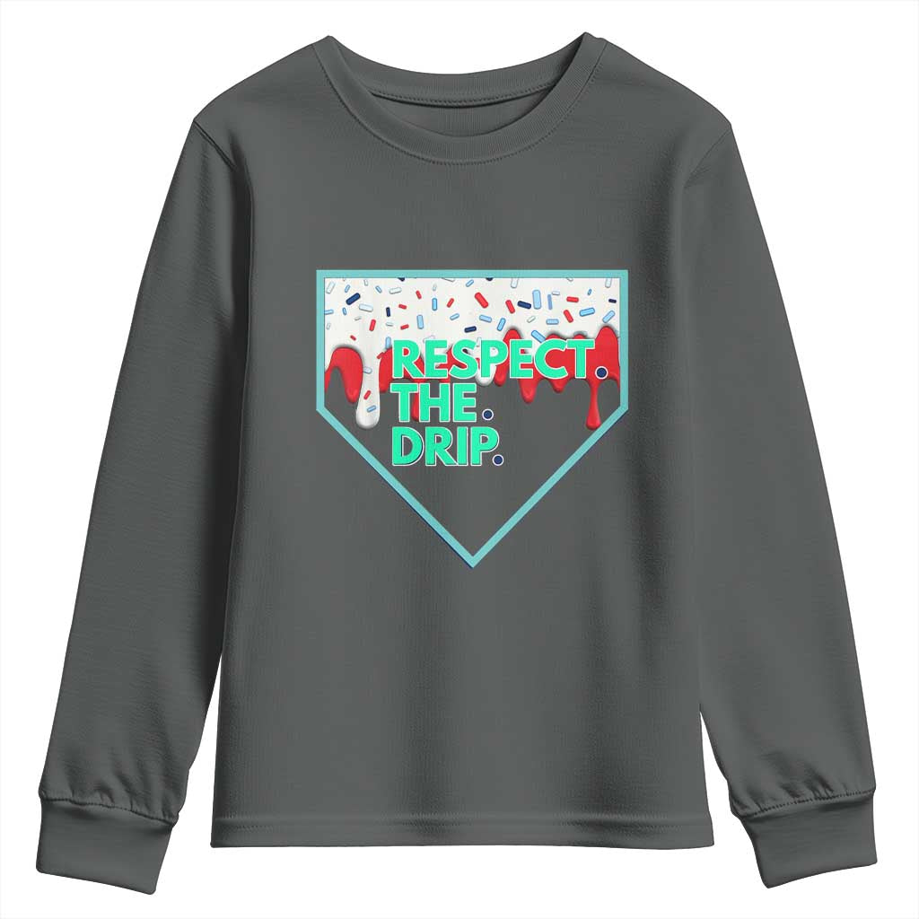 Baseball Home Plate Dripping Ice Cream Youth Sweatshirt Respect The Drip Social Club Sprinkles TS02 Dark Heather Print Your Wear