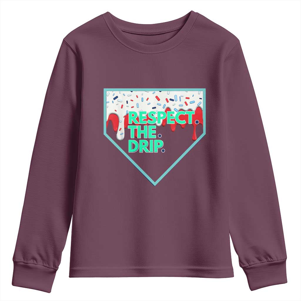 Baseball Home Plate Dripping Ice Cream Youth Sweatshirt Respect The Drip Social Club Sprinkles TS02 Maroon Print Your Wear