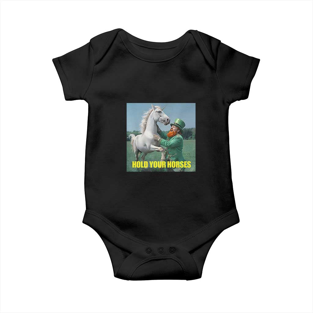 Funny Leprechaun Hold Your Horse Baby Onesie Unicorn St Patrick's Day TS02 Black Print Your Wear