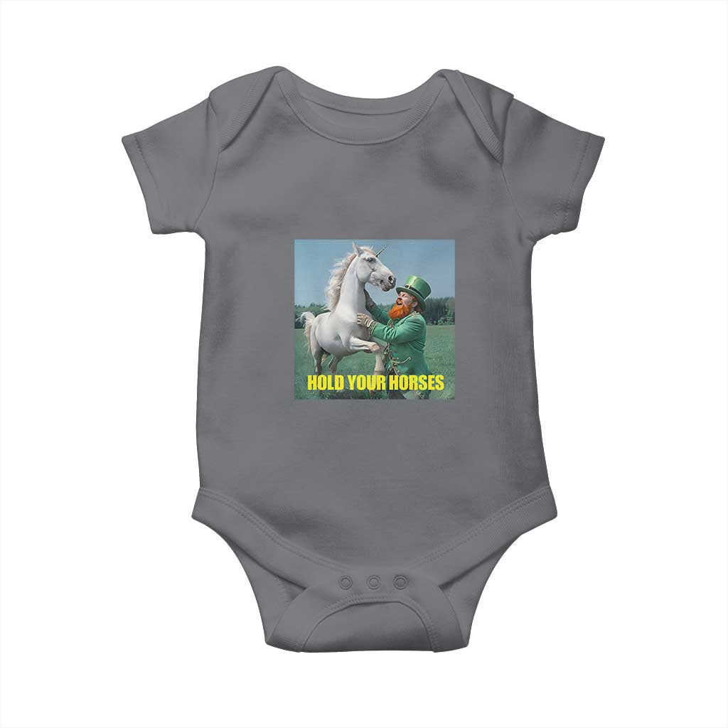 Funny Leprechaun Hold Your Horse Baby Onesie Unicorn St Patrick's Day TS02 Charcoal Print Your Wear