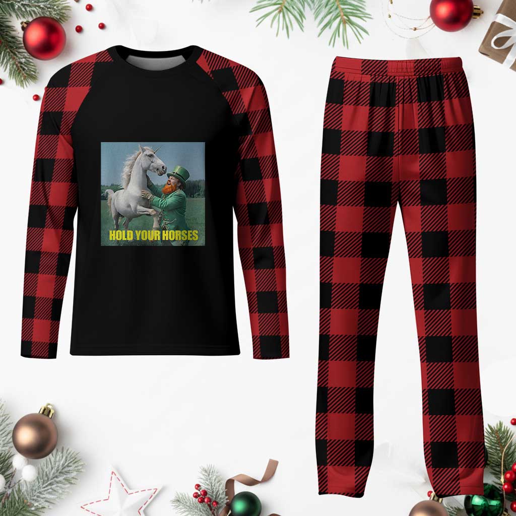 Funny Leprechaun Hold Your Horse Plaid Pajama Set Unicorn St Patrick's Day TS02 Buffalo Plaid Print Your Wear