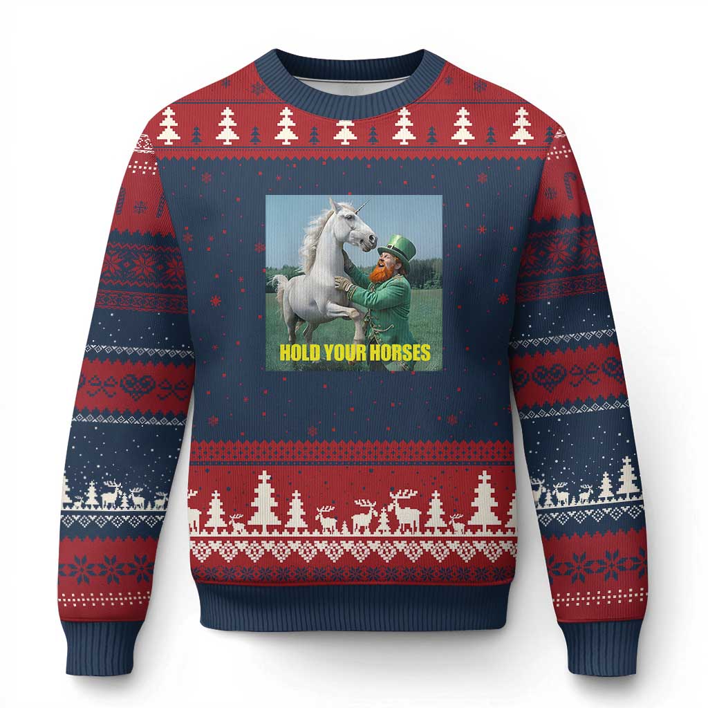 Funny Leprechaun Hold Your Horse Ugly Christmas Sweater Unicorn St Patrick's Day TS02 Navy Red Print Your Wear