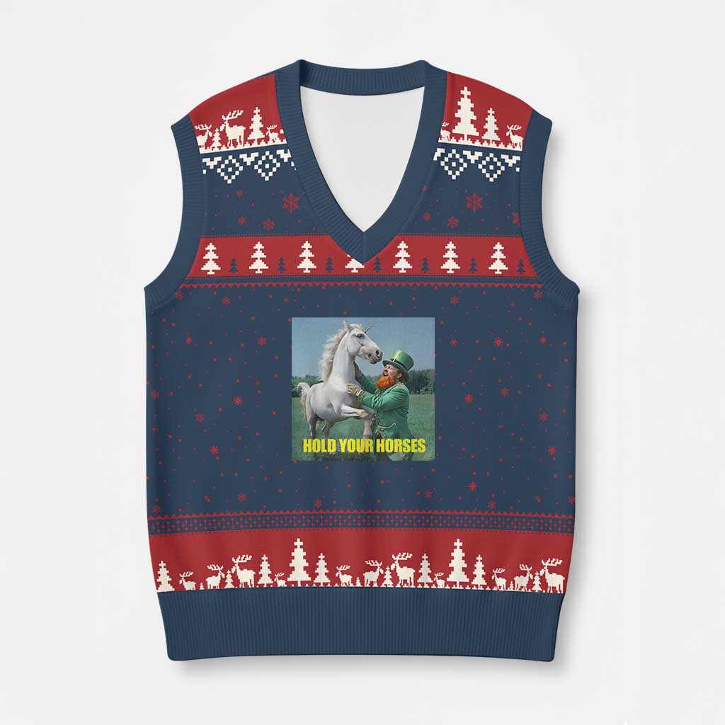Funny Leprechaun Hold Your Horse V-Neck Knit Sweater Vest Unicorn St Patrick's Day TS02 Navy Red Print Your Wear