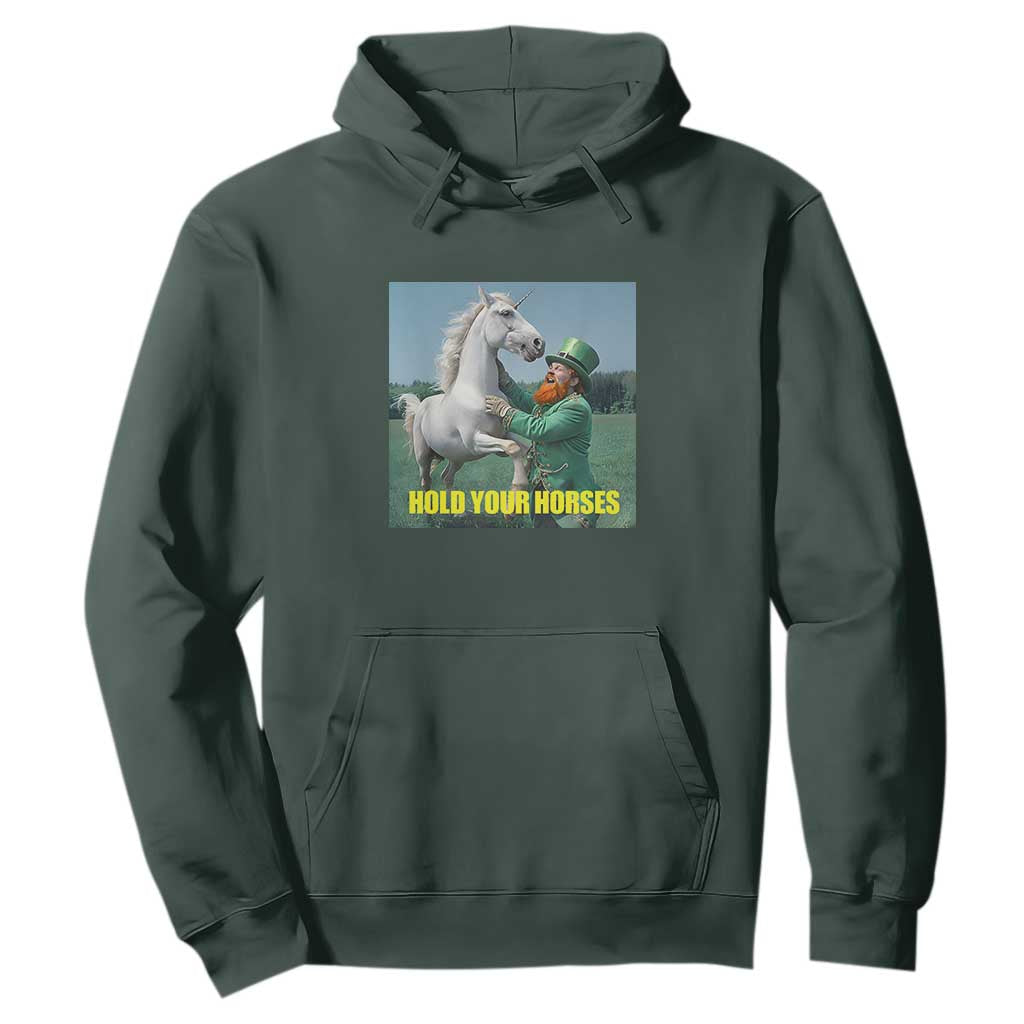 Funny Leprechaun Hold Your Horse Hoodie Unicorn St Patrick's Day TS02 Dark Forest Green Print Your Wear