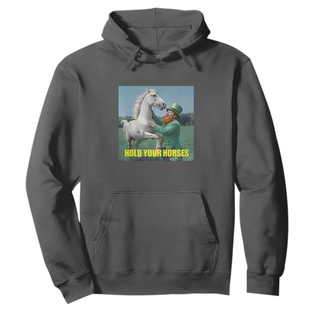 Funny Leprechaun Hold Your Horse Hoodie Unicorn St Patrick's Day TS02 Dark Heather Print Your Wear