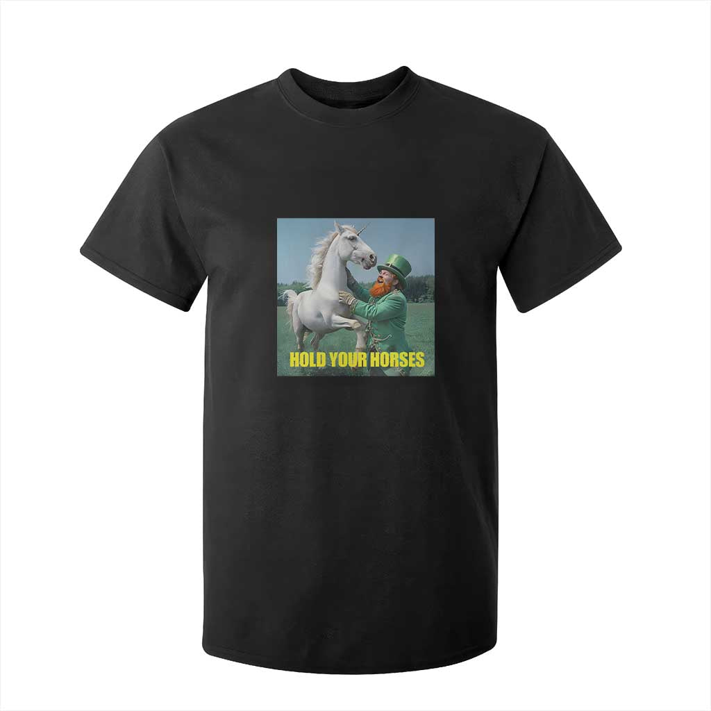 Funny Leprechaun Hold Your Horse T Shirt For Kid Unicorn St Patrick's Day TS02 Black Print Your Wear