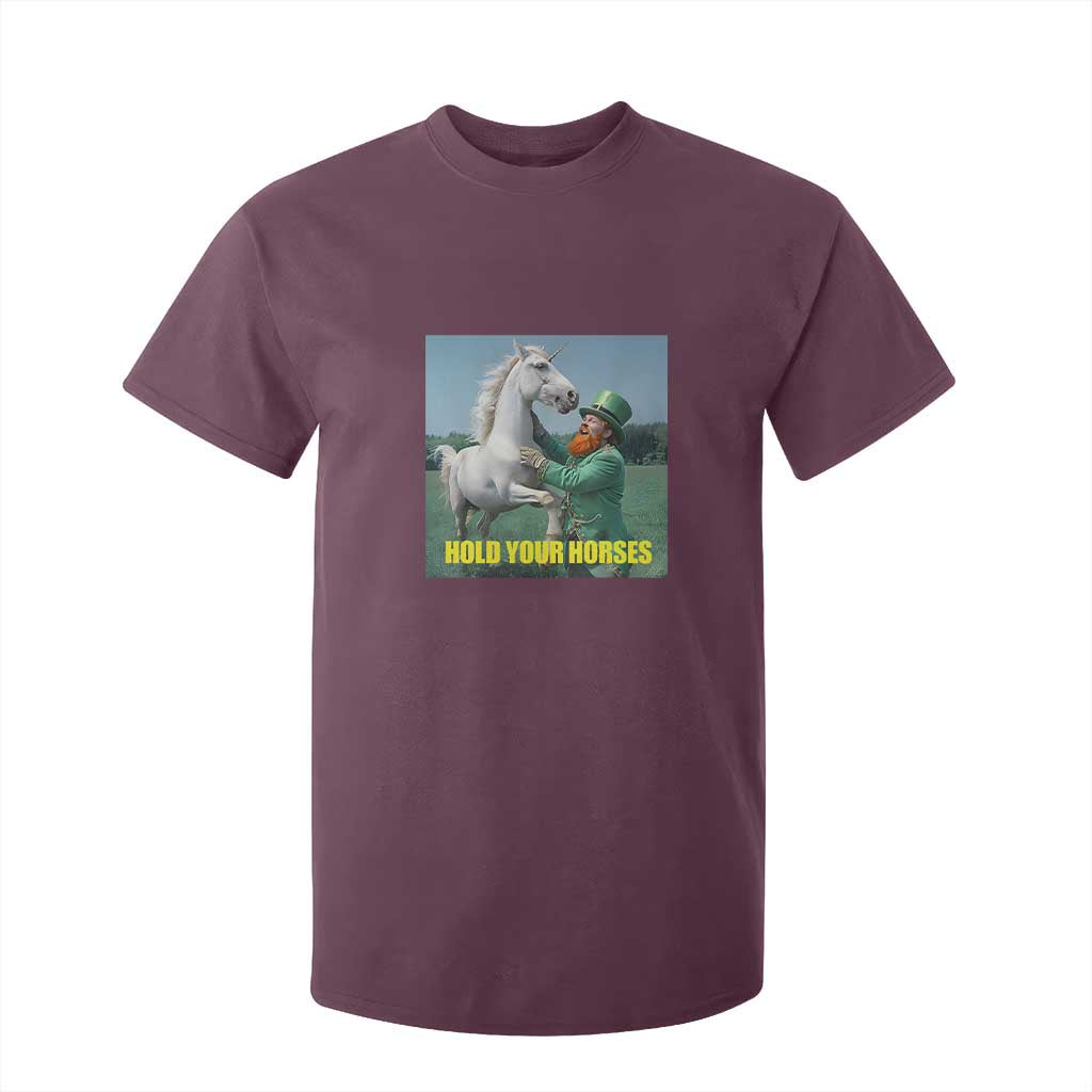 Funny Leprechaun Hold Your Horse T Shirt For Kid Unicorn St Patrick's Day TS02 Maroon Print Your Wear