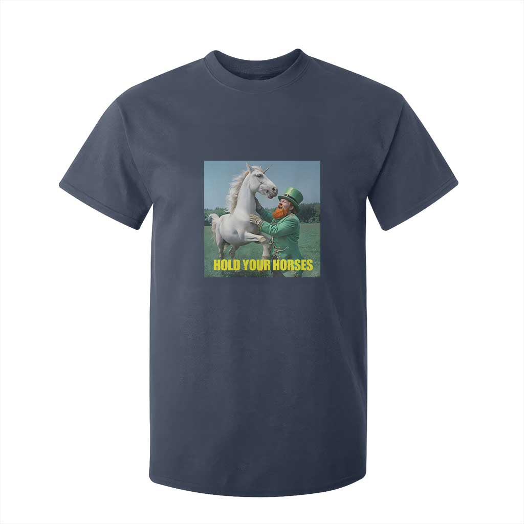 Funny Leprechaun Hold Your Horse T Shirt For Kid Unicorn St Patrick's Day TS02 Navy Print Your Wear