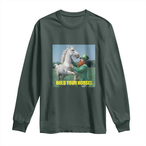 Funny Leprechaun Hold Your Horse Long Sleeve Shirt Unicorn St Patrick's Day TS02 Dark Forest Green Print Your Wear