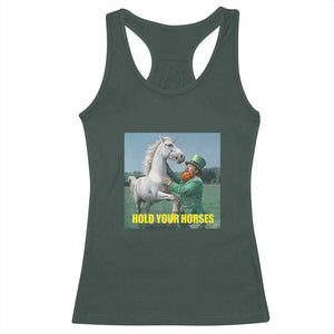 Funny Leprechaun Hold Your Horse Racerback Tank Top Unicorn St Patrick's Day TS02 Dark Forest Green Print Your Wear