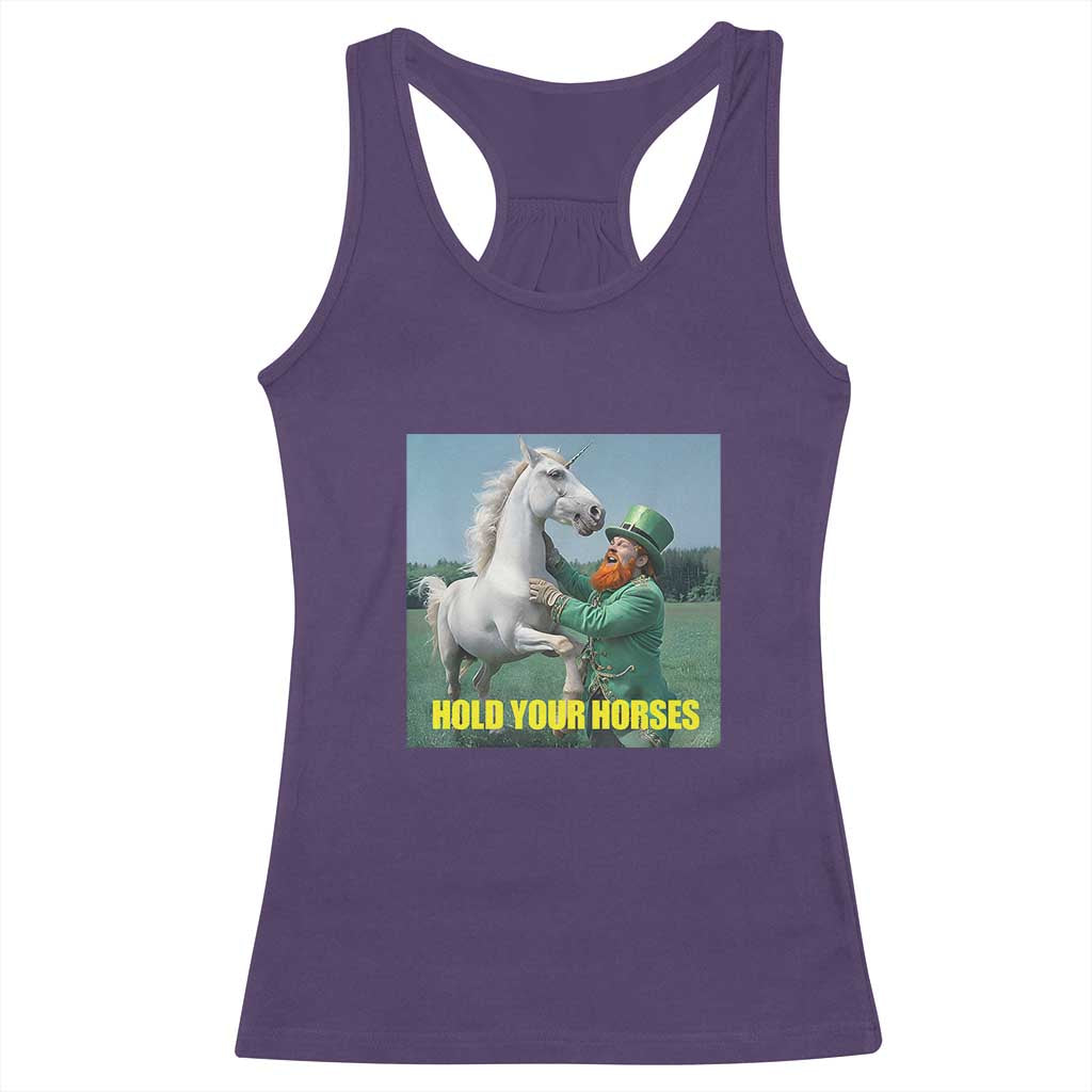Funny Leprechaun Hold Your Horse Racerback Tank Top Unicorn St Patrick's Day TS02 Purple Print Your Wear