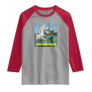 Funny Leprechaun Hold Your Horse Raglan Shirt Unicorn St Patrick's Day TS02 Sport Gray Red Print Your Wear