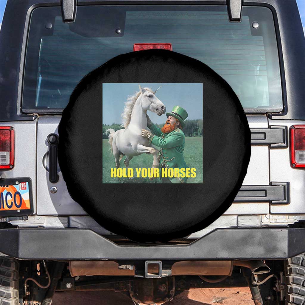 Funny Leprechaun Hold Your Horse Spare Tire Cover Unicorn St Patrick's Day TS02 No hole Black Print Your Wear