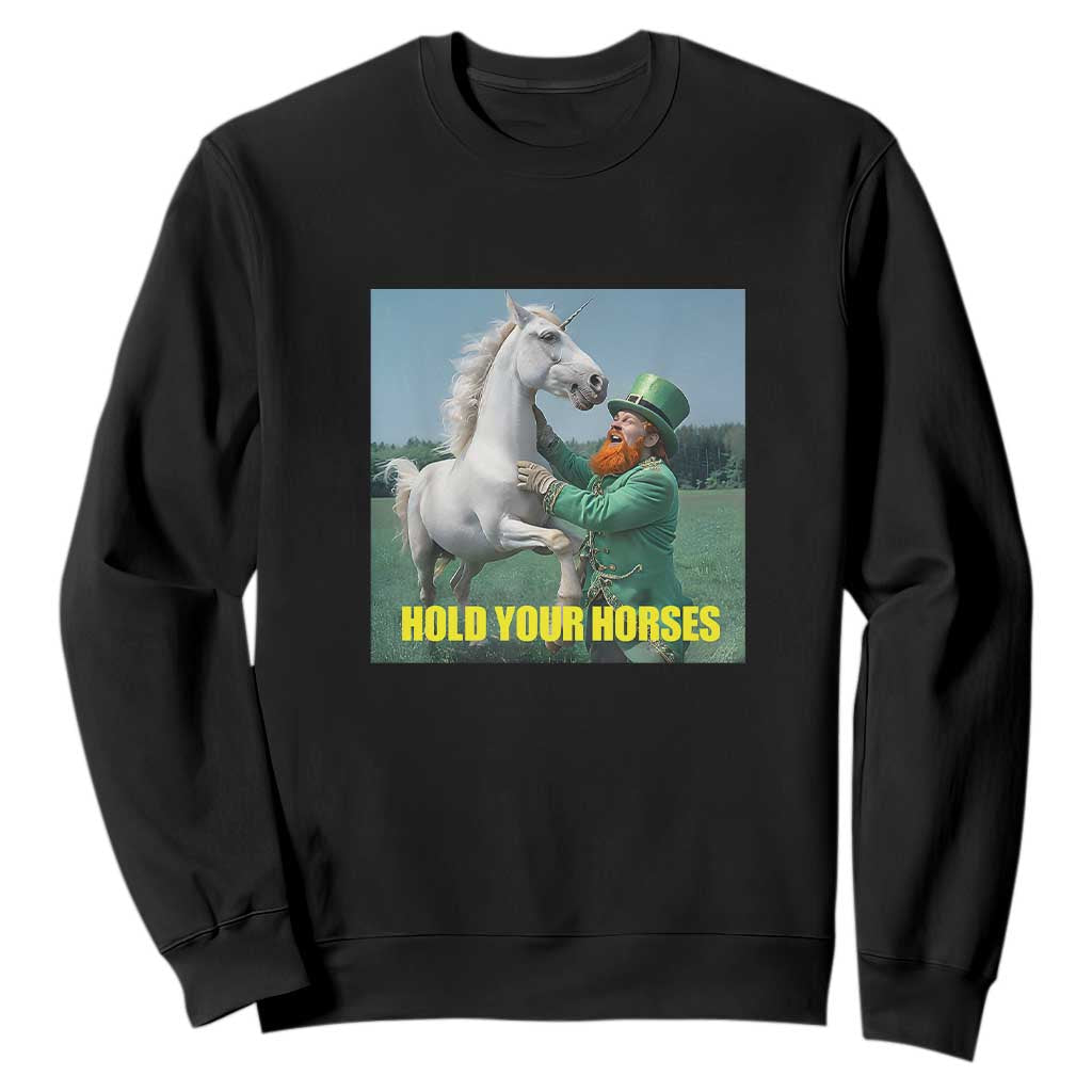 Funny Leprechaun Hold Your Horse Sweatshirt Unicorn St Patrick's Day TS02 Black Print Your Wear